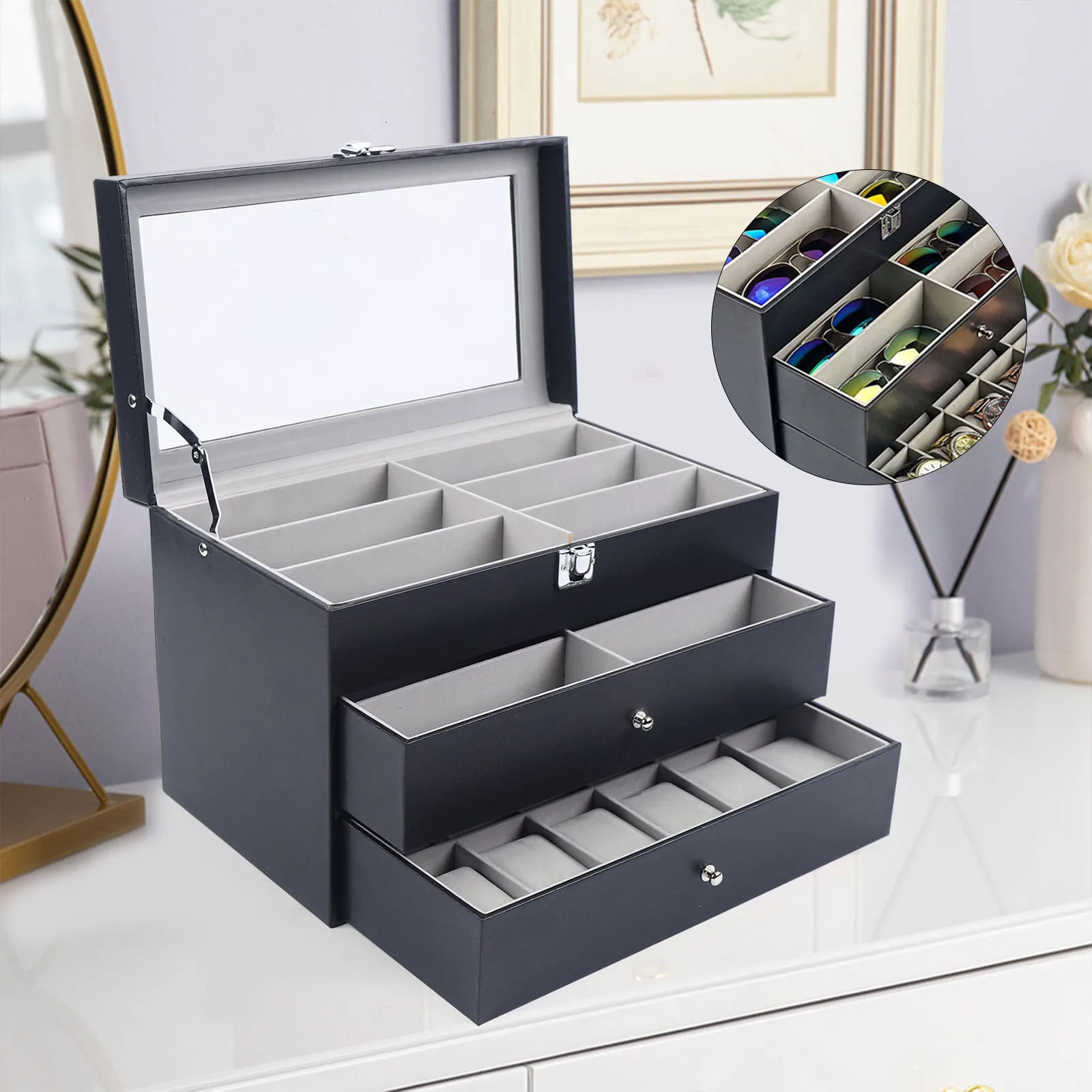 91524 Grid Jewelry Collection Storage Holder Box Leather Watch Glasses Display Case Sunglasses 240327