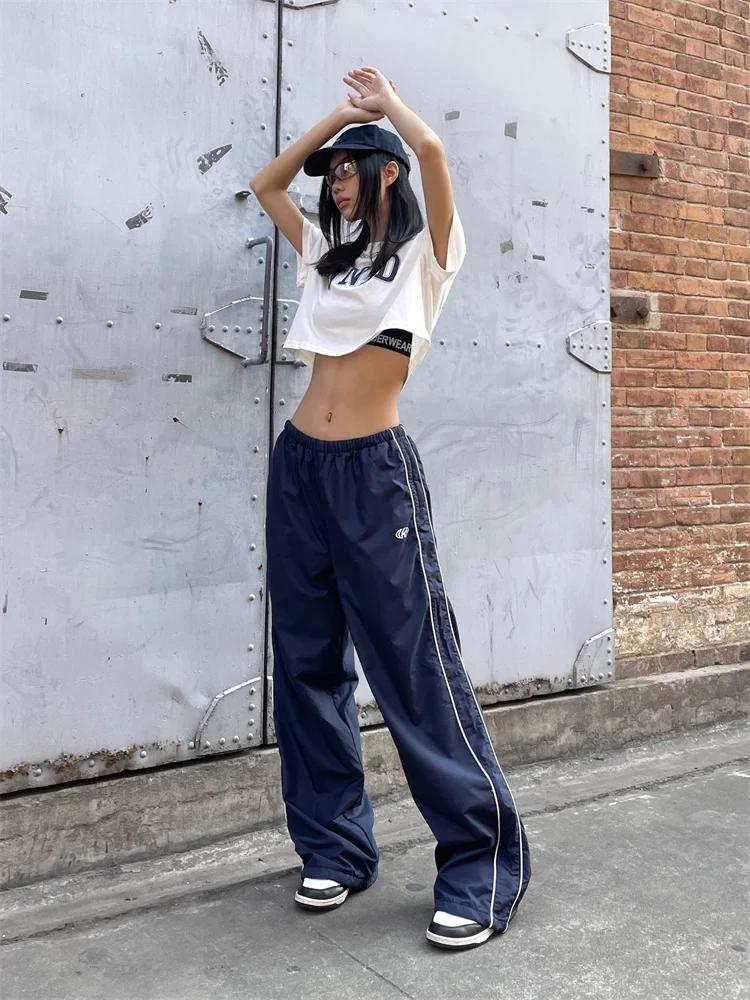 QWEEK Y2K Vintage Navy Blue Track Pants Women Gorpcore Streetwear Gray Sports Trousers Oversize Korean Black Wide Leg Sweatpants