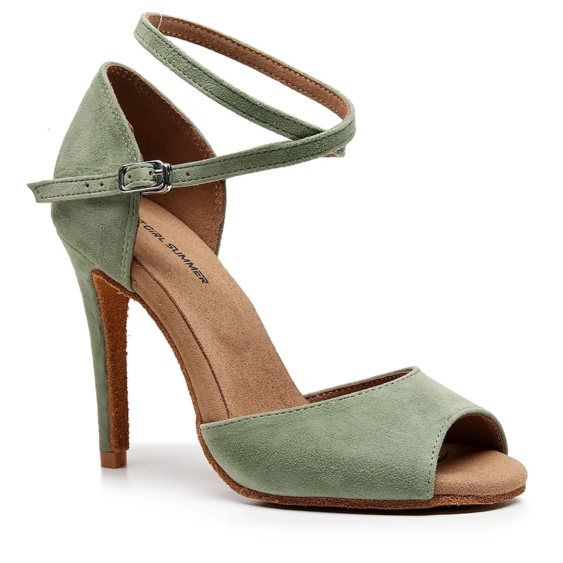 Woman Latin Ballroom Green Modern Dance Shoes Suede Rubber Sole Jazz salsa Cuban Slim Heels Ladies Open Toes Leather Stiletto