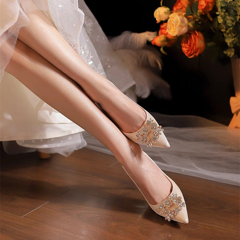 French-Style Wedding Bride Design Crystal Thin Heels Pumps Women Elegant Pointed Toe High-Heeled Woman Prom Shoes 4 8520c