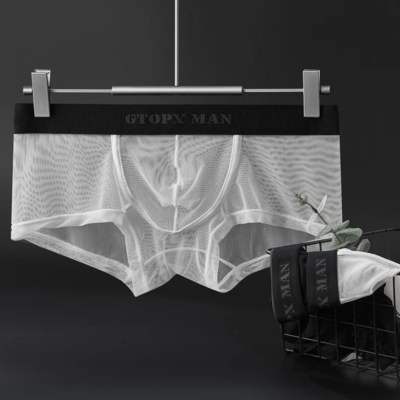 Underwear Men's Full Mesh Boxers Thin Ice Silk U Convex Low Waist Transparent Sexy Boys Underwear