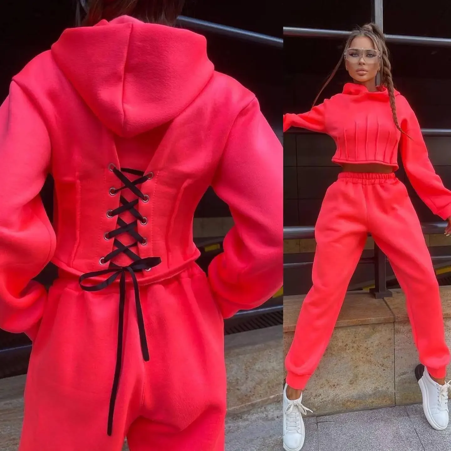 HOUZHOU Women s Tracksuit Fleece Hooded Two Piece Set Loose Hoodies Jogger Pants Sets Female Autumn Casual Lady Sportswear Suit