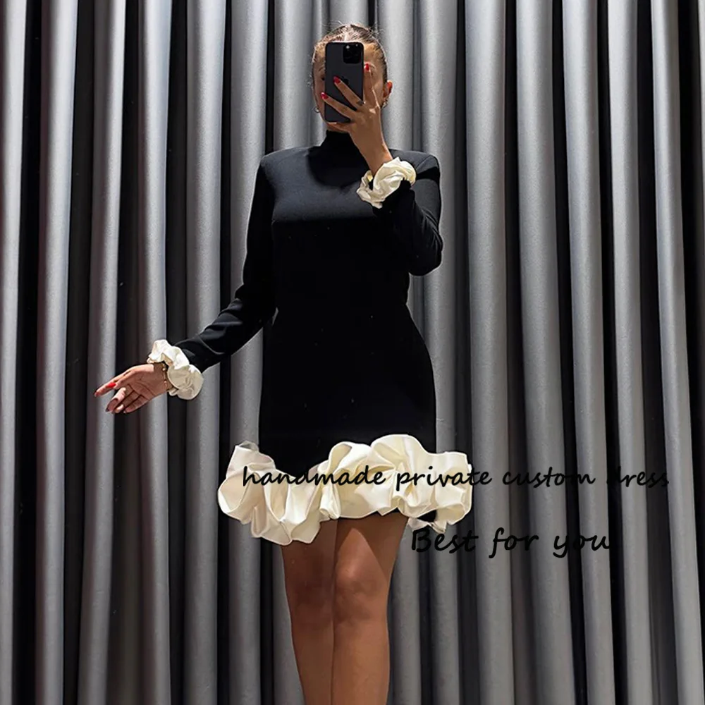 Black White Satin Mermaid Evening Dresses Long Sleeve High Neck Arabic Dubai Formal Gowns Above Knee Prom Party Gown