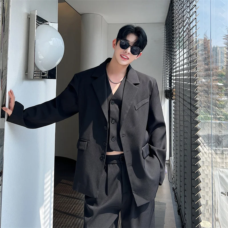 NOYMEI Fashionable Suit Three Piece Set Black Temperament 2024 Autumn All-match Wide Leg Pants Casual Jacket Men Chic WA3119