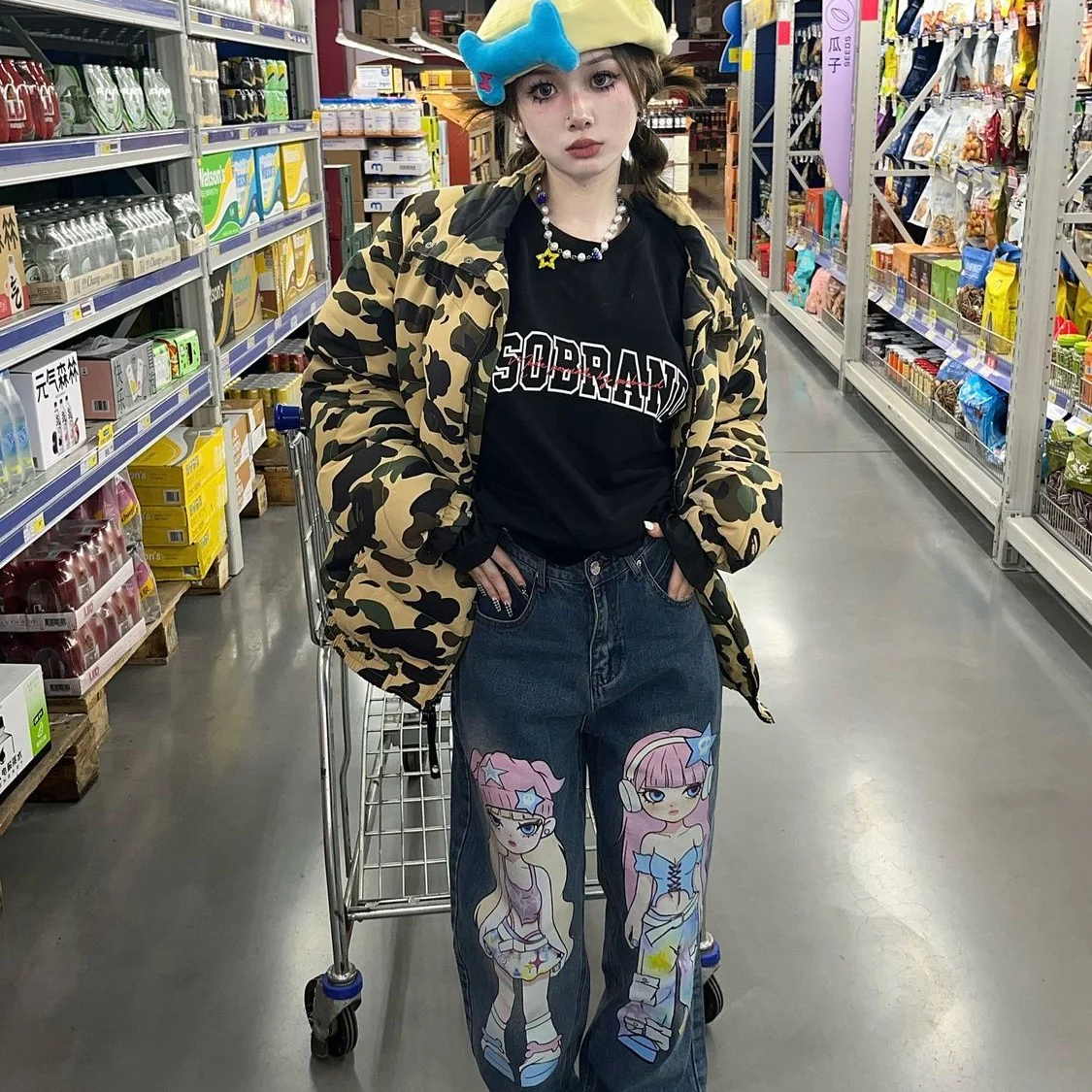 Hip Hop Vintage Print Jeans Anime Harajuku Straight Pants Loose Versatile Baggy Pants Casual Trousers Boyfriend Jeans For Women