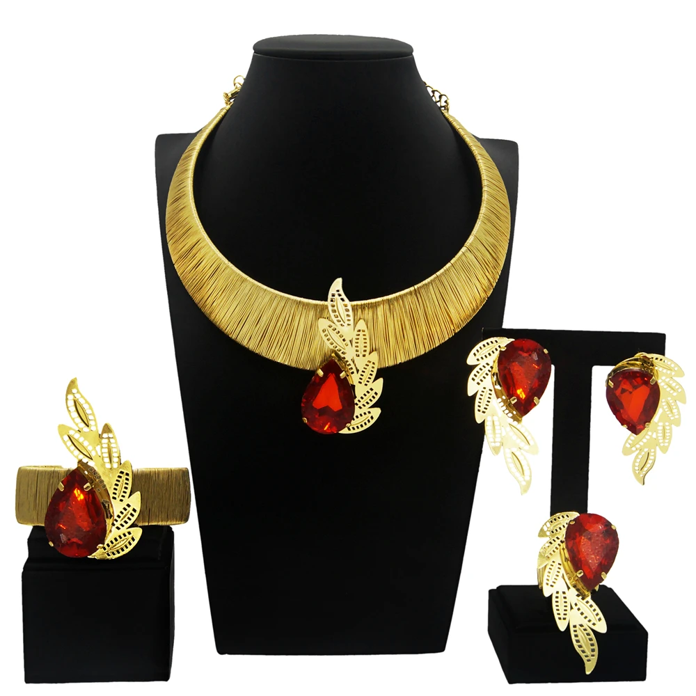 Classic Brazilian Gold Style Woman Jewelry Set Original Gold Plated 24K Necklace Luxury Ruby Pendant Earrings Bracelet SYHOL