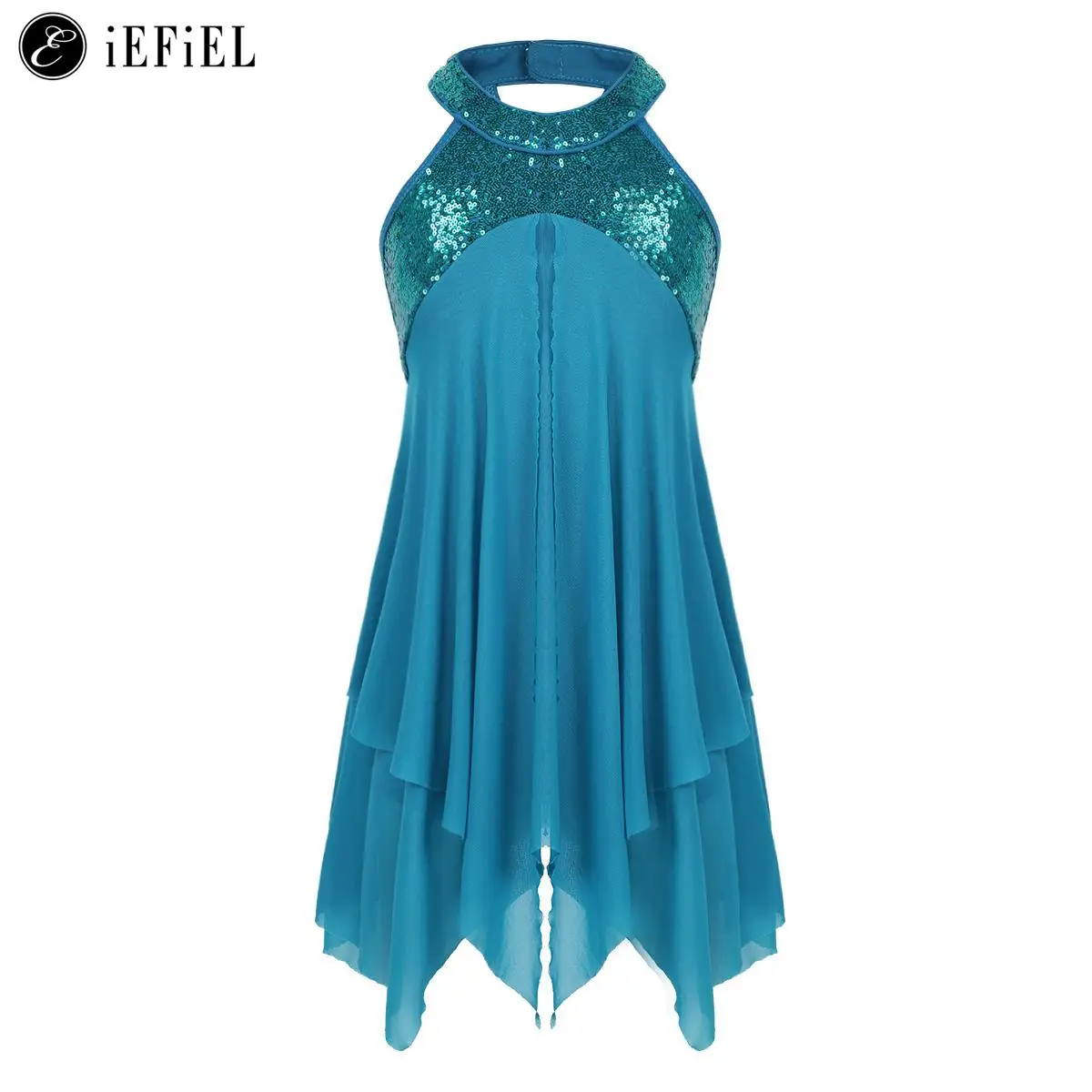 Sequined Halterneck Kids Girls Criss Cross Back Ballet Leotard Lyrical Modern Contemporary Ballroom Dance Dress smile