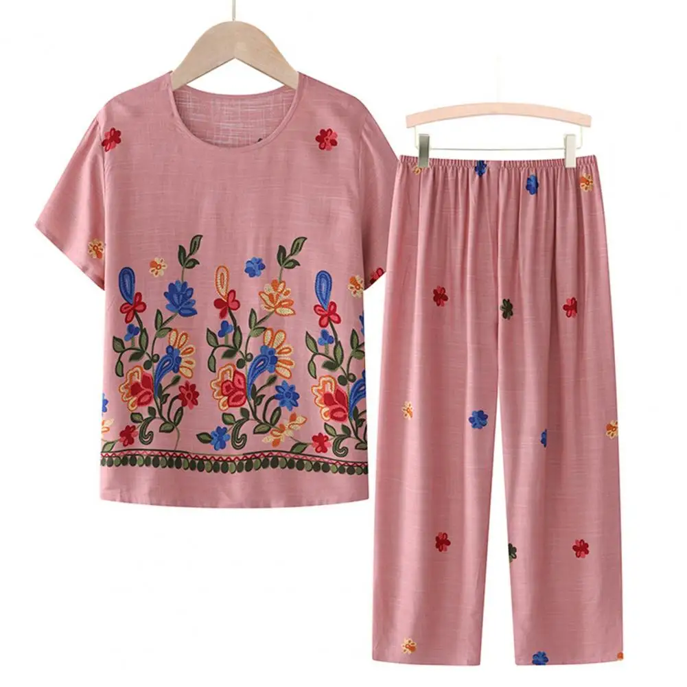 Grandma Summer Two-Piece Set Short-Sleeved Cropped Pant Pamas Women Sleepwear Loose Middle-Aged Elderly Mother new 2025 Home Clothes