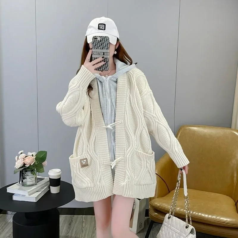 Fake Two-Piece Twist Hooded Sweater Coat Women Autumn And Winter New Y2K Plus Size Loose Long Knit Cardigan in Lazy Wind