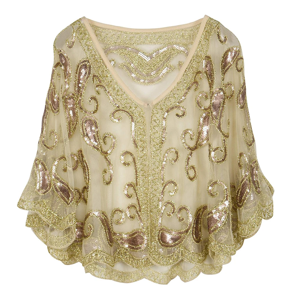 Women's 1920s Shawl Beaded Sequin Decor Lady Evening Cape Bolero Flapper Cover up Blouse Banquet Stage Formal Shawl Accessories