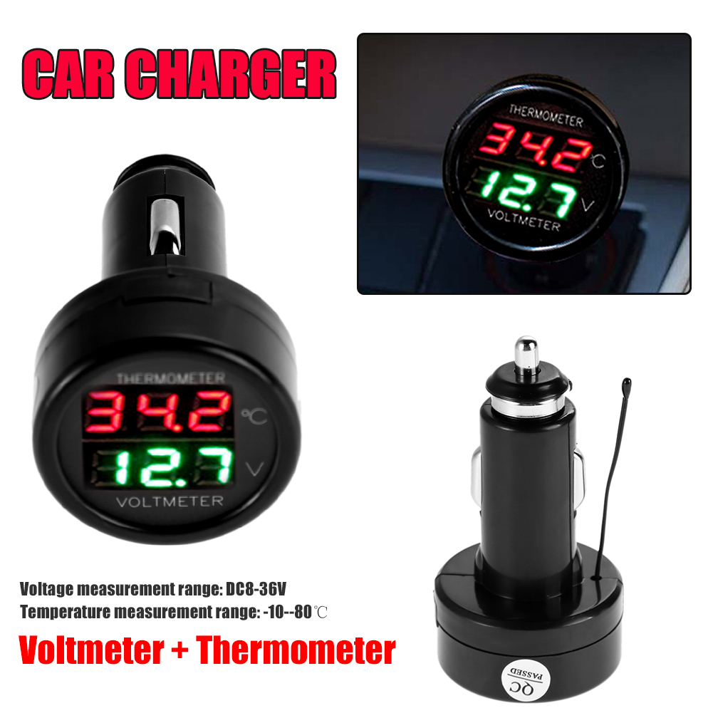 Mobile Phone Adapter Car Charger 2 in 1 Digital Car Voltmeter Thermometer Car Adapter Charger Cigarette Lighter smile