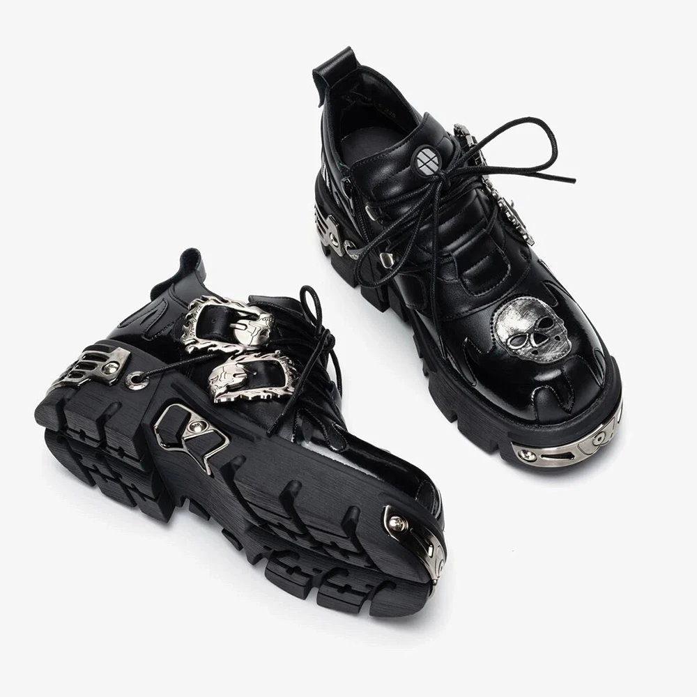 2023 Men and Women Vintage Rock Couple Shoes New Dark Punk Leather Retro 2025 Boots Metal new Niche Design Unisex Single Platform Shoes