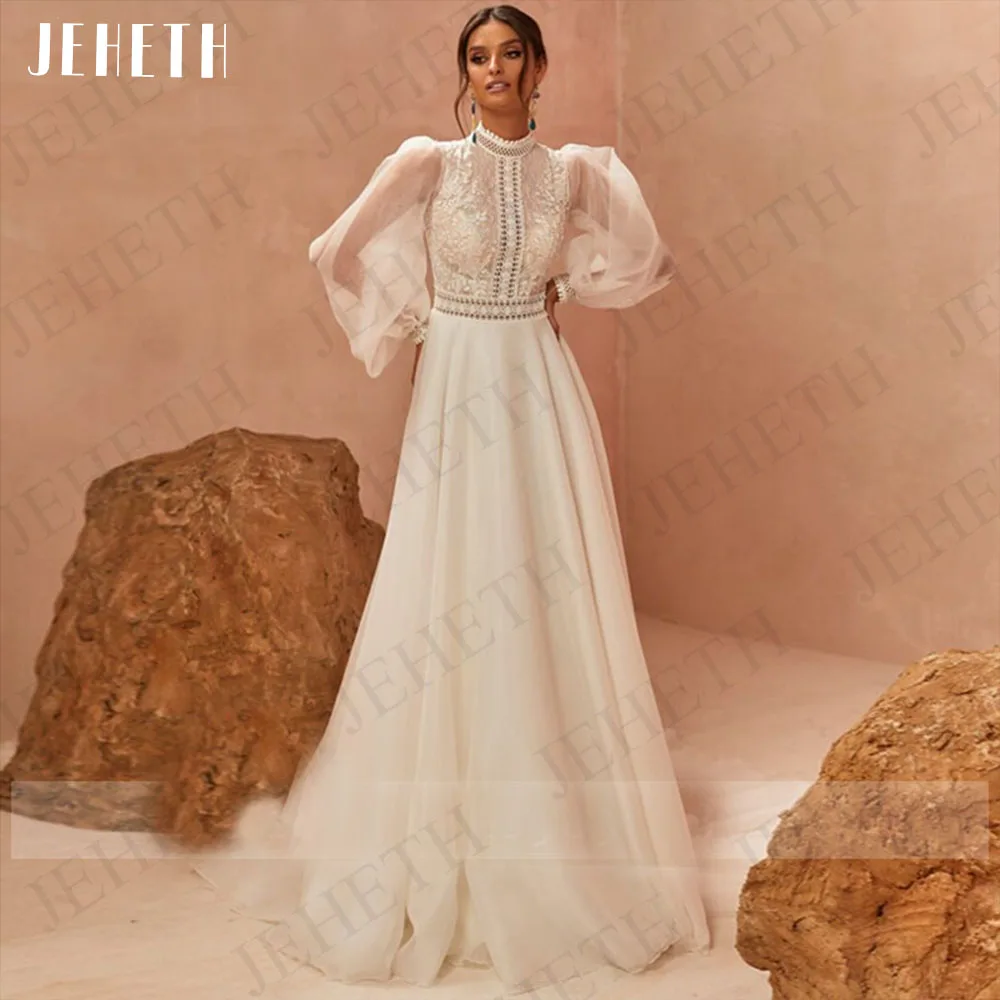 JEHETH Wedding Dresses Boho Vestidos De Boda 2023 Long Puff Sleeves A-Line Bride Gowns High Neck Lace Appliques Bridal Tulle