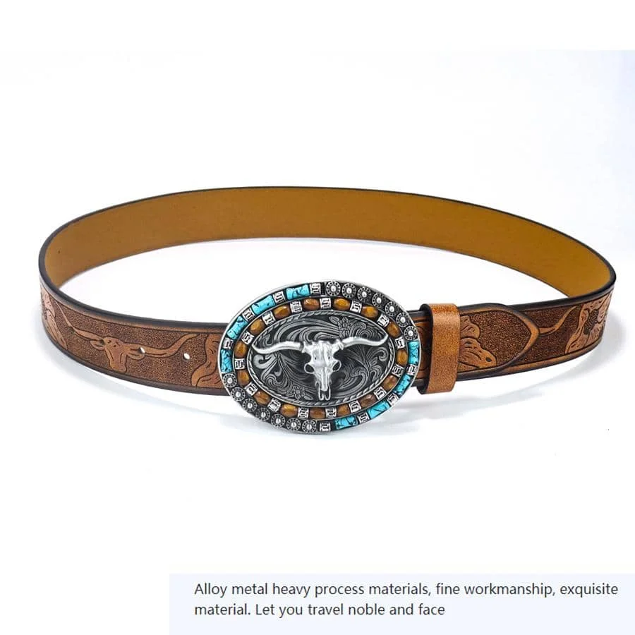 Men's Western Style Leather Belt With Vintage Bull Head Buckle, Suitable For Daily Wear