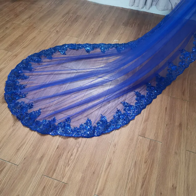 Sapphire blue veil 2023 new sequin 2025 lace veil bridal cathedral cover-up new wedding veil wedding accessories jewelry with hair comb
