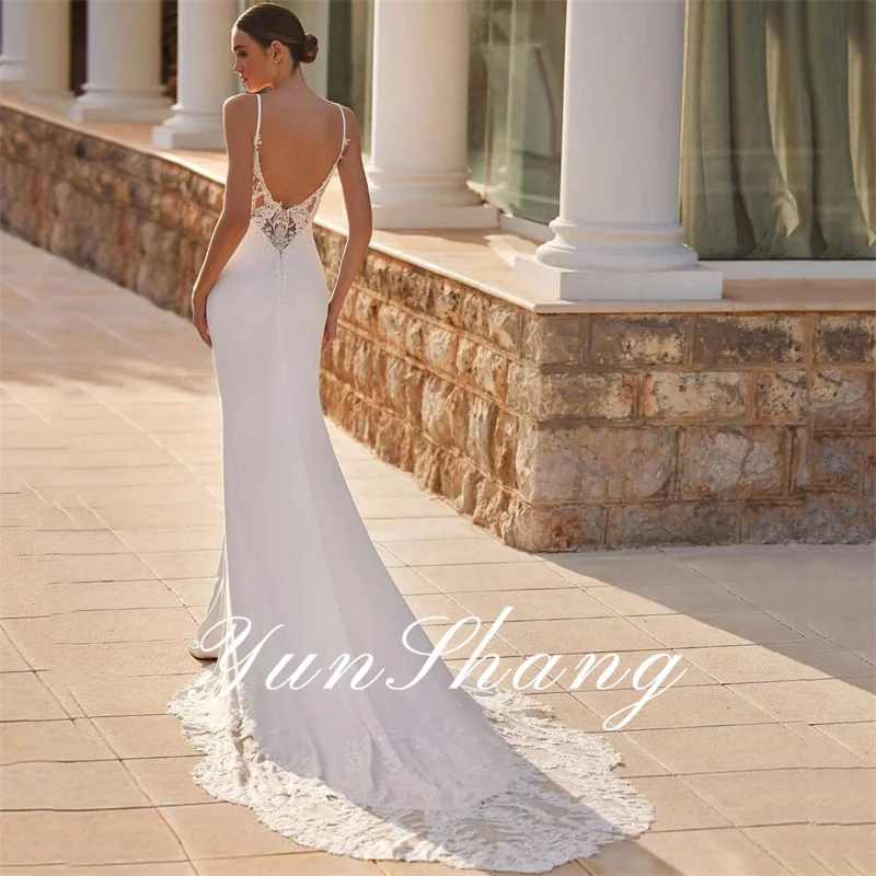 Yunshang Elegant Mermaid Wedding Dresses V-Neck Women Lace Open Back Spaghetti Straps Bridal Gowns Sweep Train Vestidos De Novia