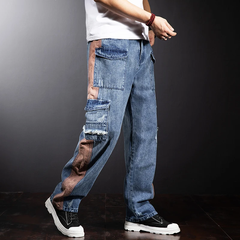 Patchwork Straight 2025 Wide Leg Denim Pant Multi Pocket Loose Cargo Jeans for Mens Baggy Men new Cowboy Trousers