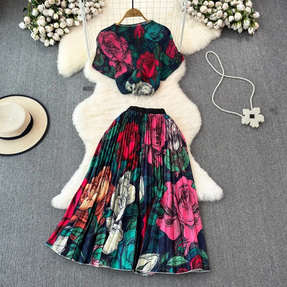 Two Piece Dress 2025 Summer Runway Women's Turtleneck Vintage Print Stretched Tops High Waist A-E Long Skirt Suit Female Outfits