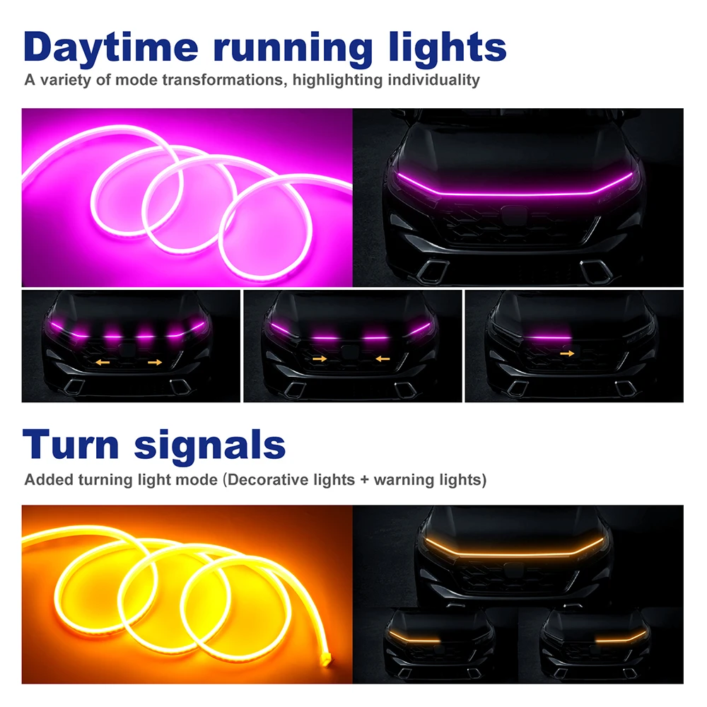 LED Car Hood Strip Dynamic With Start Scan Cuttable Ambient Turn Signal Lamp Decorative Auto Daytime Running Light DRL 12V
