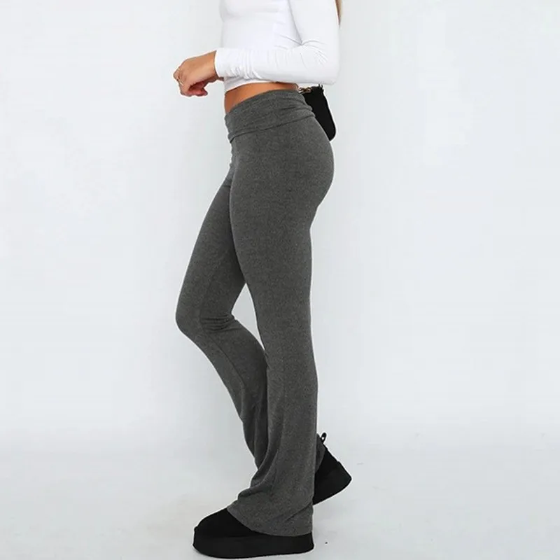 Sexy Spicy Girls Fold Over Flare Long Pants Low Rise Tight Lifting Hip Pants For Women Solid Color American Casual Yoga Trousers