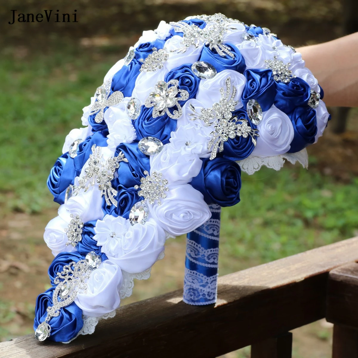 JaneVini Royal Blue White Satin Flowers Waterfall Bridal Bouquets Sparkly Crystal new Cascading Bouquet Accessories 2025 for Bride