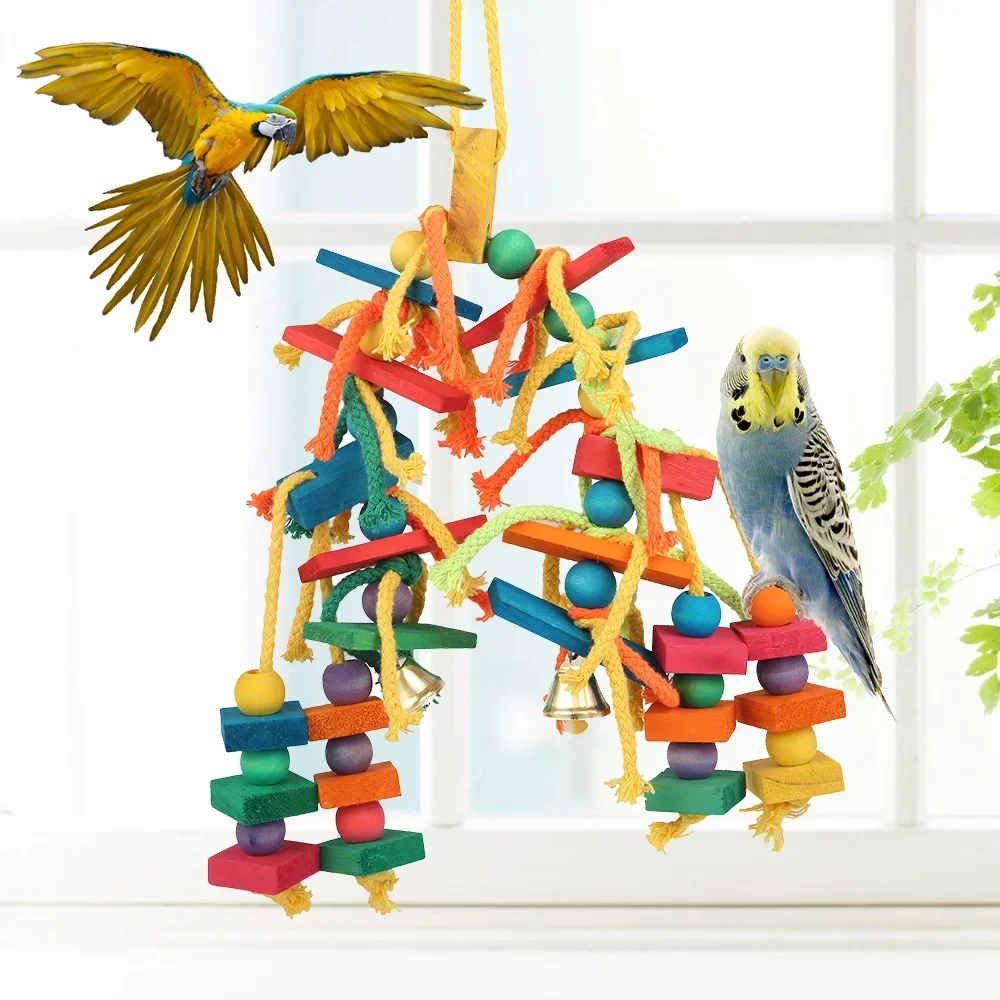 Colorful Parrot Chew Toys Natural Wooden Birds Perch Hanging Chewing Swings Cage Toy Pet Bird Climbing Ladder Game Supplies da3a2 5 17427