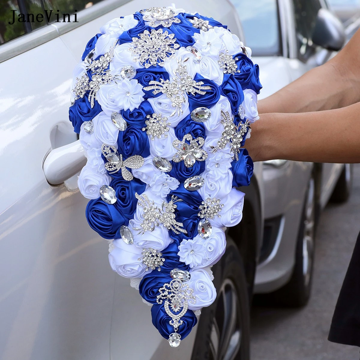 JaneVini Royal Blue White Satin Flowers Waterfall Bridal Bouquets Sparkly Crystal new Cascading Bouquet Accessories 2025 for Bride