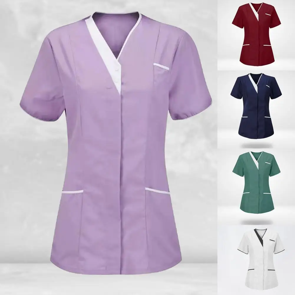 Blouse Casual new 2025 V Neck Buttons Working Uniform T-shirt Clothes T-shirt Short Sleeve Pockets Working Uniform for Worker