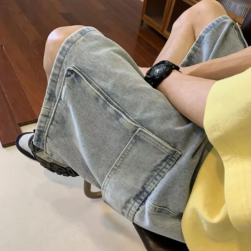 Summer Denim Shorts Men Oversized Vintage Pocket Cargo Shorts Men Japanese Streetwear Hip Hop Loose Wide Leg Shorts Mens Jeans