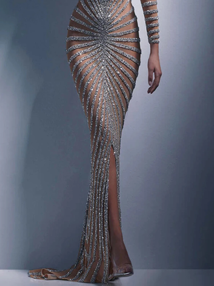 Women Sequins Dress Fashion Mesh Split Fishtail Dresses Sexy Bodycon Elegant Slim Party Outfits Female Evening Long 240329