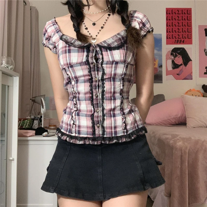 Xingqing y2k Women Plaid Tops Ruffles Square V Neck Short Sleeve Lace Trim T-shirt Kawaii E Girl Clothes 2000s Aesthetic Tee
