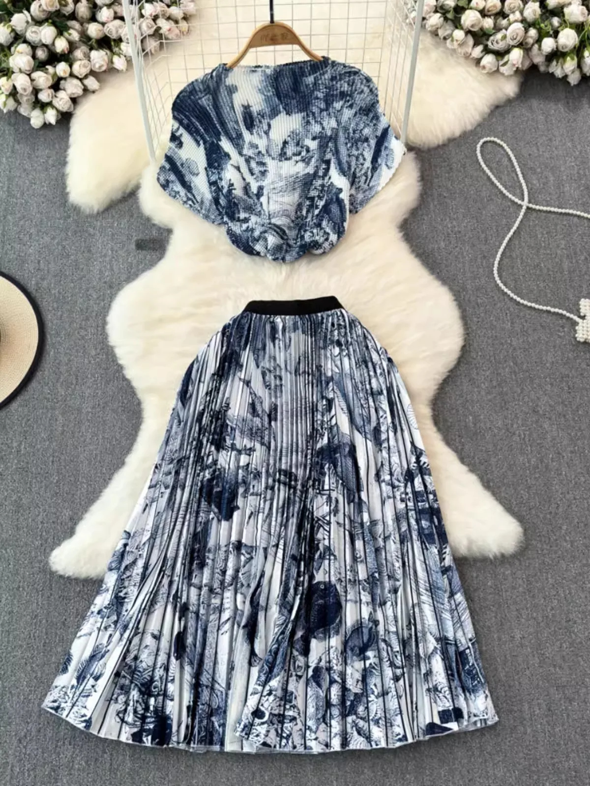 Two Piece Dress 2025 Summer Runway Women's Turtleneck Vintage Print Stretched Tops High Waist A-E Long Skirt Suit Female Outfits