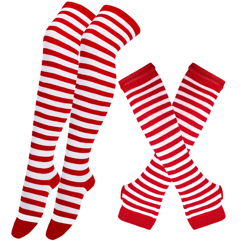Women Girls Over Knee Long Stripe Socks Arm Sleeve Gloves Sweet Cute Plus Size Overknee Socks Knitted Warm Soks Black White