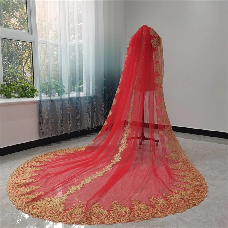 Real Gold Lace Bridal Veils Red Tulle With Comb Single Layer Cathedral Long Colored Wedding Veils for Brides Velos De Novia