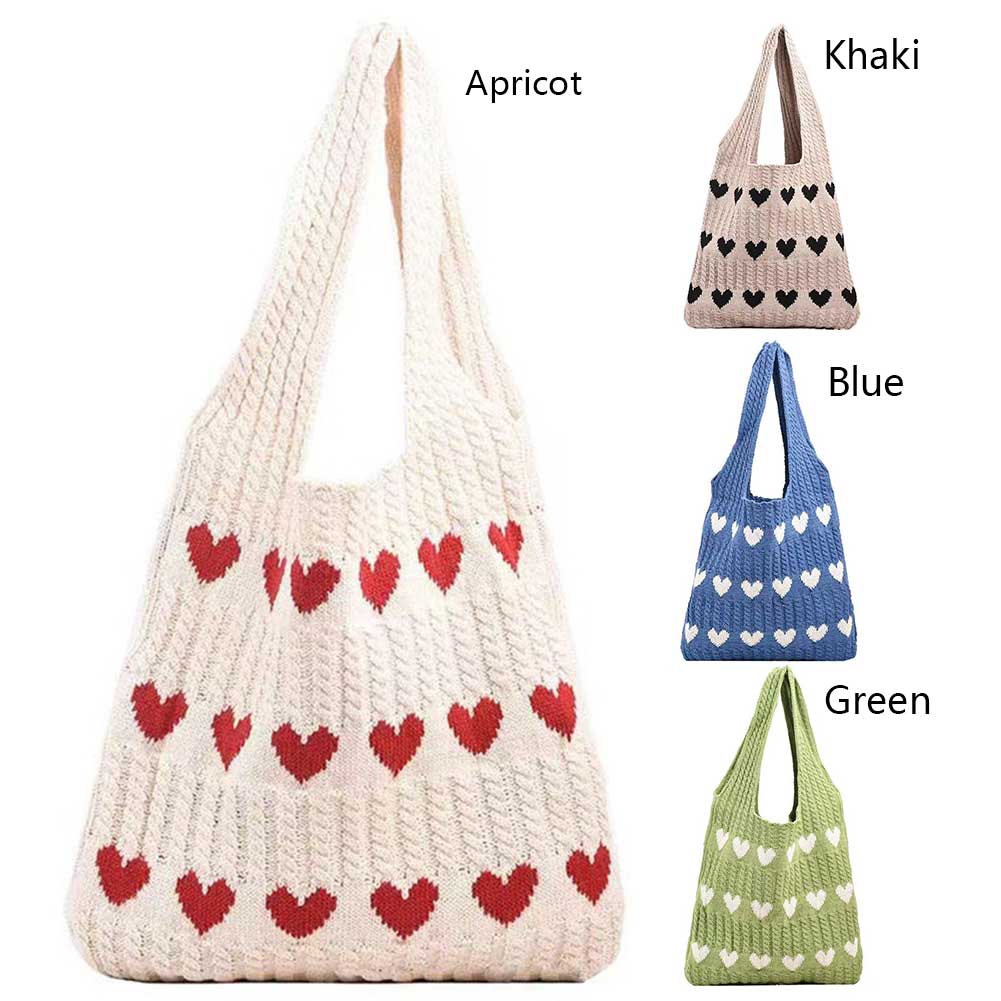 Women Knit Love Tote Bag Color Blocking Lightweight Handbag Large Capacity Crochet Satchel Bag Top Handle Bag Commuting Bag