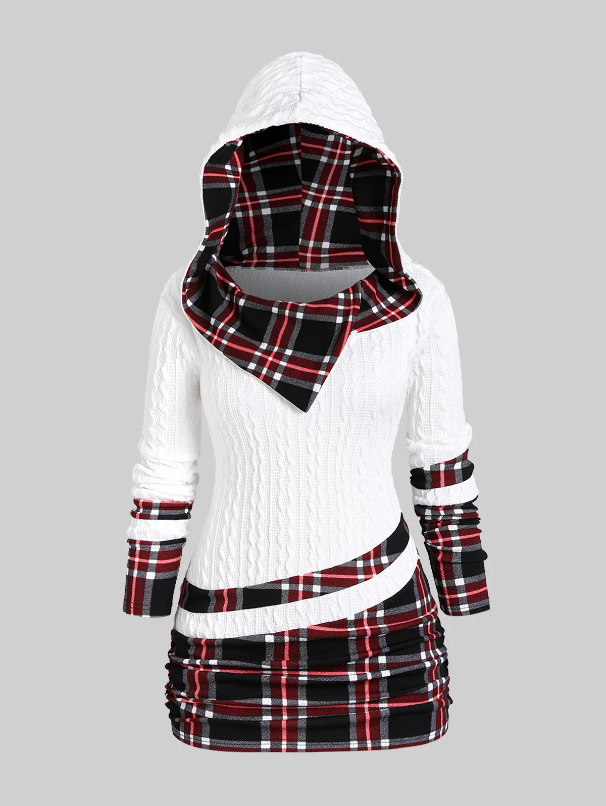ROSEGAL Plus Size Women's Sweaters Hooded Ruched Plaid Cable Knit Top 2023 Female Autumn Patchwork Pullovers Knitwear New