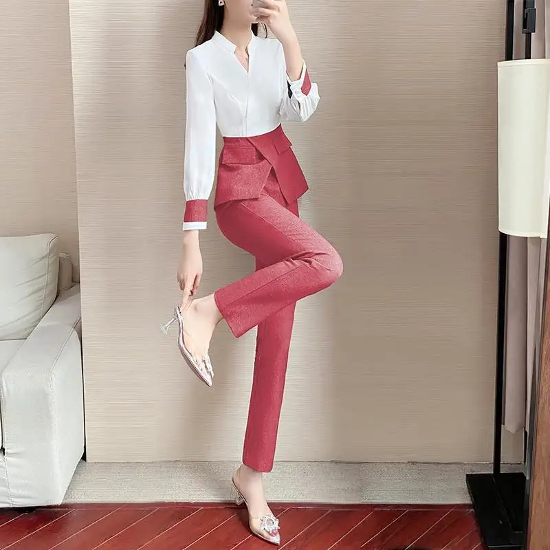 Casual Pencil Pants Two-piece Elegant Women's Pants Set Outfits 2023 Summer 2025 New Round Neck new Patchwork Pullover Thin Shirt Blouse