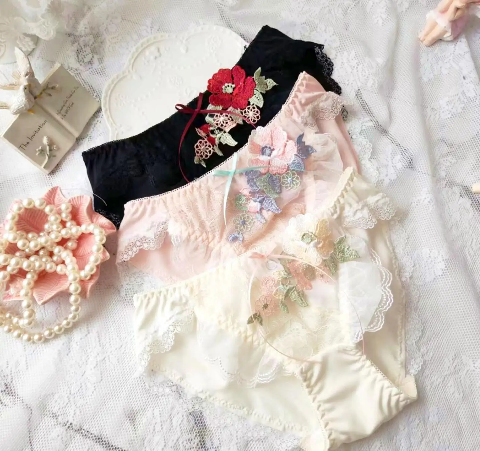 2023 New Arrival 100% Real Photo M L XL Lovely Cute Lolita Kawaii Floral Embroidery Panties Underwear Brief Thong Knicker WP887