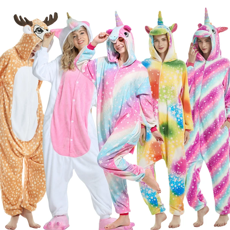New Anime Kigurumi Unicorn Pajamas Women Animal Onesie Adults Pijama Unicornio Hooded Sleepwear Winter Flannel Jumpsuit Sleepers