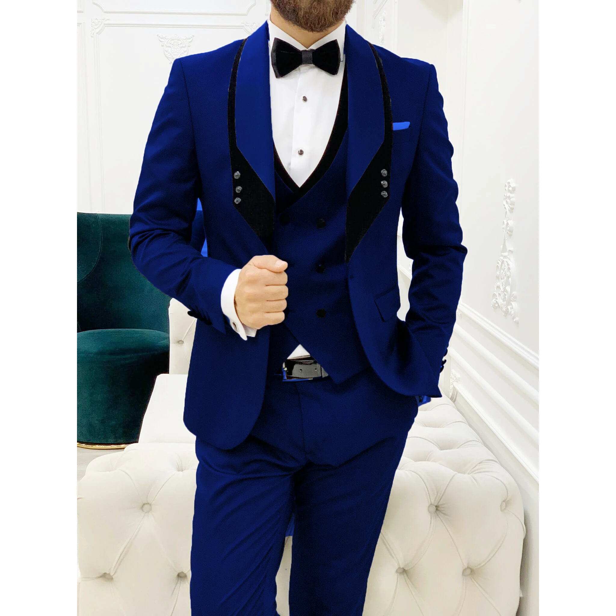 new Suits For Men Royal Blue Single Breasted Shawl Lapel Costume Terno Casual Three Piece Jacket 2025 Pants Vest Slim Fit Masculinos