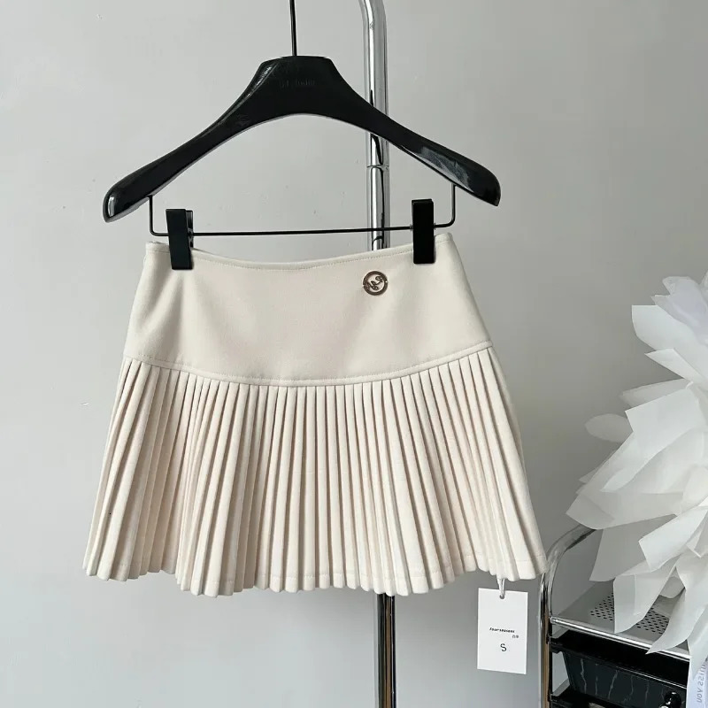 Womens Woolen Pleated Short Skirt Autumn Winter American Korea Style Cheerleading Girl Straight Aline High Waist Mini 240323