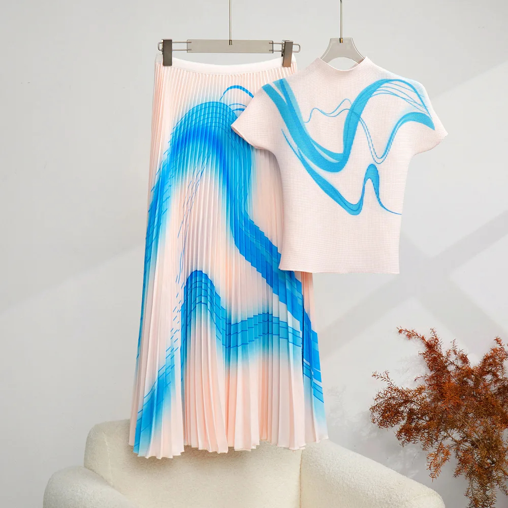 Two Piece Dress Print Corn Pleated Miyake Set Half High Collar Short Sleeve Tops High Waist Folds Skirt 2 Piece Sets for Women 2024 New