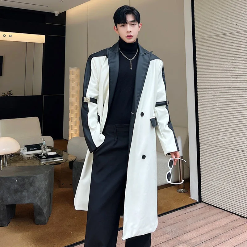 IEFB Korean Style Long Windbreaker Men's Autumn Winter Trend Niche Design Black White Contrast Color Leather Trench Coat 9C3158