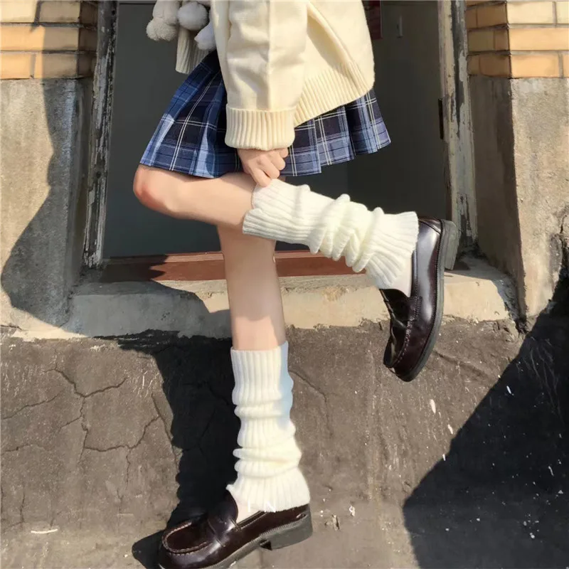 Japanese Y2k Lolita Leg Warmer Socks Black White Leggings Kawaii Knitted Long Socks Boot Cuffs Warm Foot Cover Ankle Warmers