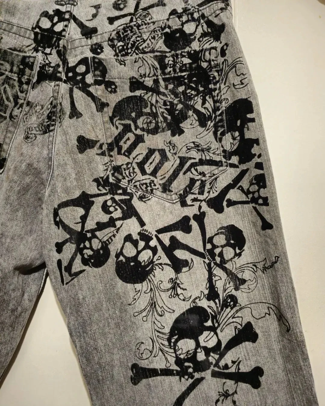 Streetwear Jeans Y2K Pants Harajuku Hip Hop Retro Skull Print Baggy Jeans Mens Punk Rock Gothic High Waist Wide Leg Trousers
