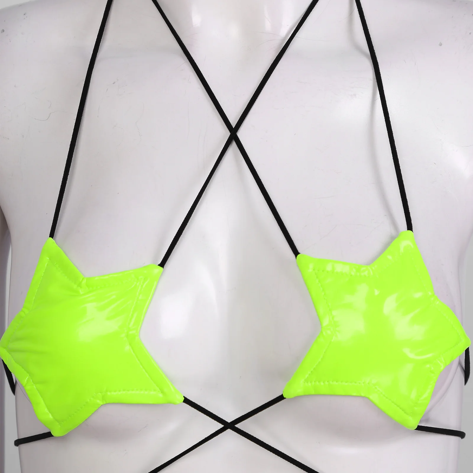 Womens Bikini Bra Tops Wet Look Patent Leather Lingerie Brassiere Halter Neck Strappy Wrap Around Star Shape Bralette Bra Top