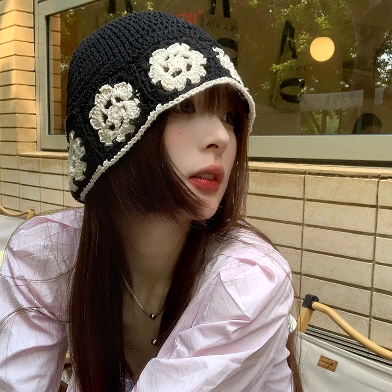 Korean Niche Designer Hand-knitted Bucket Hat Spring and Summer Hollow Woven Flower Basin Cap Show Small Face Retro Women's Hats