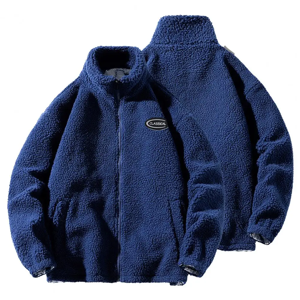Autumn Winter Thick Warm Men Faux Sherpa Jacket Stand Collar Zipper 2025 Pocket Long Sleeves Casual new Solid Color Male Casual Coat