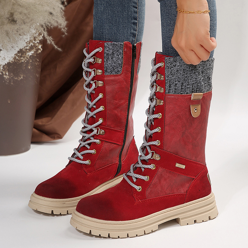 Patchwork Vintage Motorcycle Women Autumn Winter Lace Up Platform Mid Calf Boots New Woman Plus Size Non-Slip Riding Booties 92d3