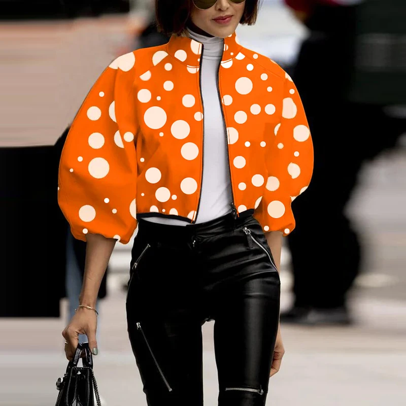 Trendy Street Elegant Flower Print Women Jacket Autumn Zipper Turtleneck Top Cardigan Winter Lantern Long Sleeve Coat Outerwears